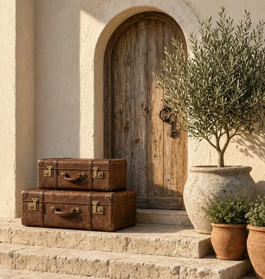 Two vintage leather suitcases on sunlit limewashed stone steps beside an arched wooden door and an olive tree